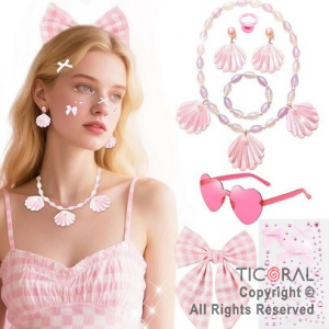 SET DISFRAZ COQUETTE CON OSTRAS ANTEOJOS MO�O ARITOS COLLAR PULSERA Y TATTOO x 1
